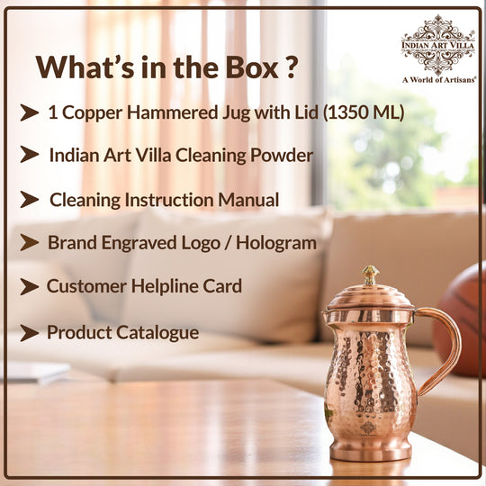 Pure Copper Hammered Maharaja Style Jug With Brass Knob on Lid-1350 ML