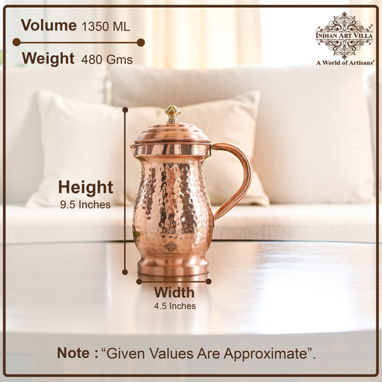 Pure Copper Hammered Maharaja Style Jug With Brass Knob on Lid-1350 ML