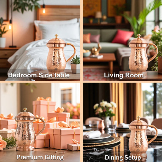 Pure Copper Hammered Maharaja Style Jug With Brass Knob on Lid-1350 ML