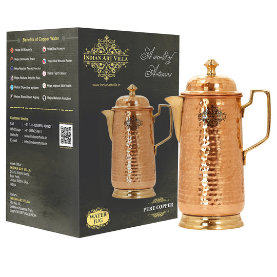 Pure Copper Hammered Jug With Brass Handle