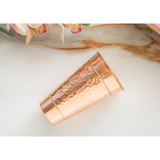 Pure Copper Hammered Design Big Lassi Glass with 2 Rings- 700 ML