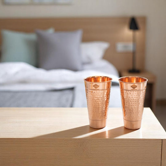 Pure Copper Hammered Design Big Lassi Glass with 2 Rings- 700 ML