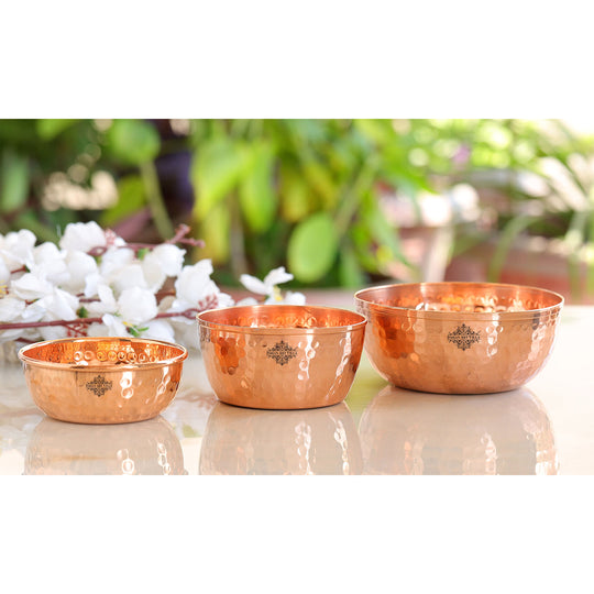 Sleek and elegant hammered copper katori set with a smooth finish, perfect for home decor and stylish serving