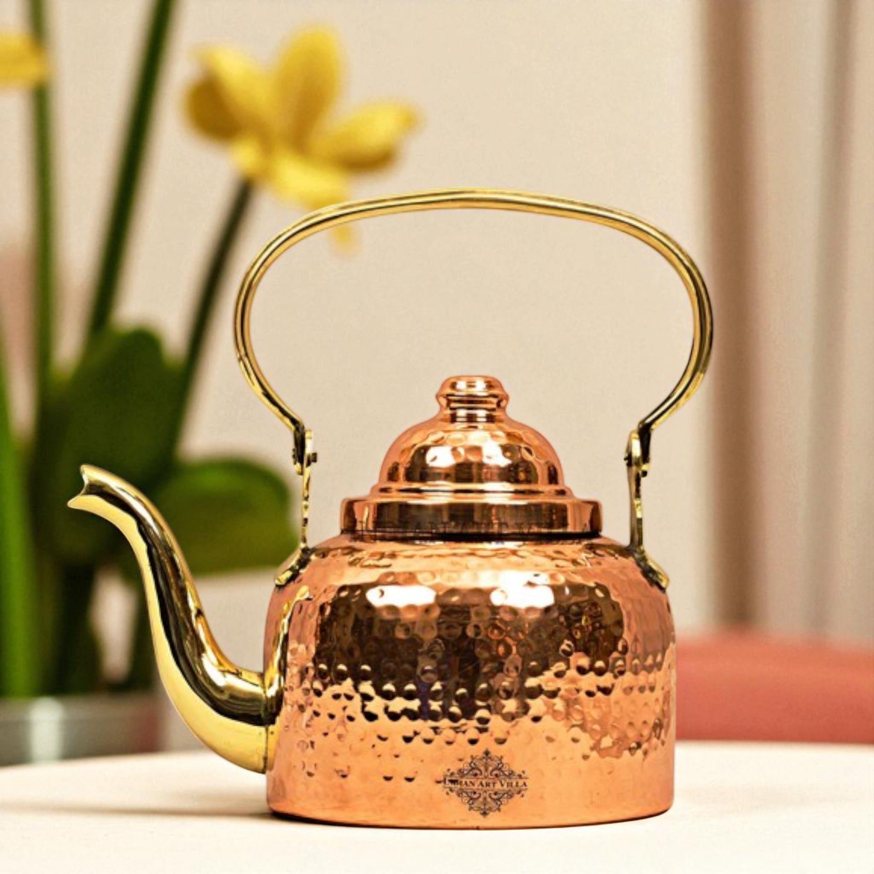 Handmade Pure Copper Designer Mughlai Tea Pot with Inner Lining