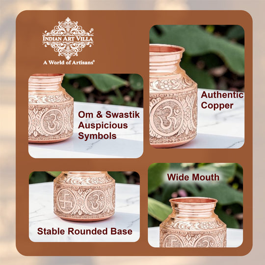 Pure Copper Om Swasthik Shree Design Lota For Spiritual & Puja