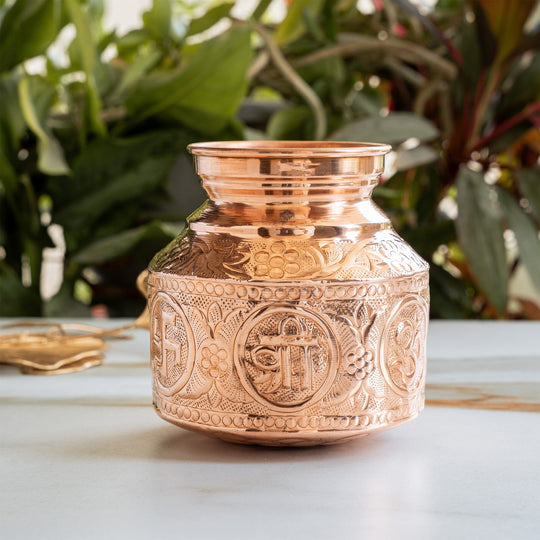 Pure Copper Om Swasthik Shree Design Lota For Spiritual & Puja