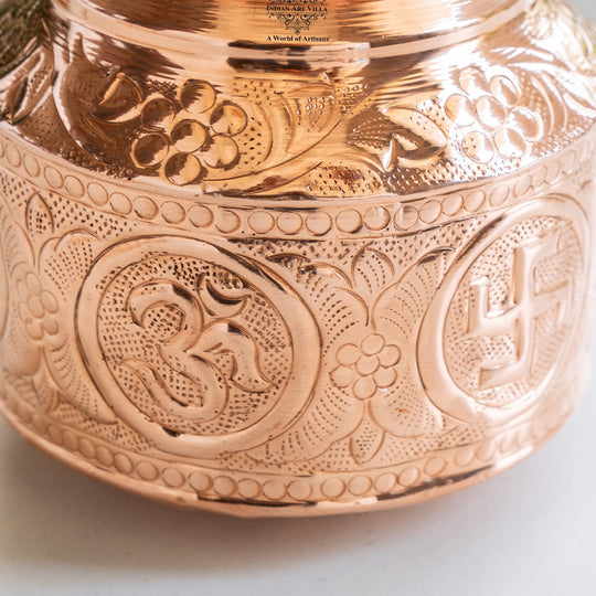 Pure Copper Om Swasthik Shree Design Lota For Spiritual & Puja