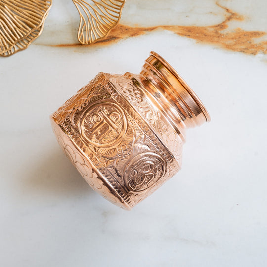 Pure Copper Om Swasthik Shree Design Lota For Spiritual & Puja