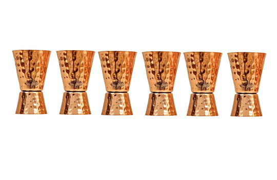 Set of 6 hammered copper shot jigger glasses, front view — Indian Art Villa