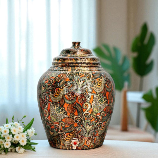5 litre round tamba matka with stand set in retail packaging – copper matka 5 litre price