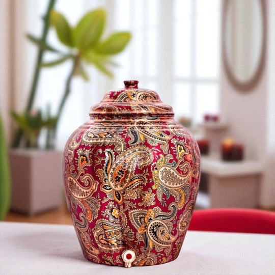 Wide angle of 5L round copper pot with tap showing massive body and brass spigot – copper matka with tap
