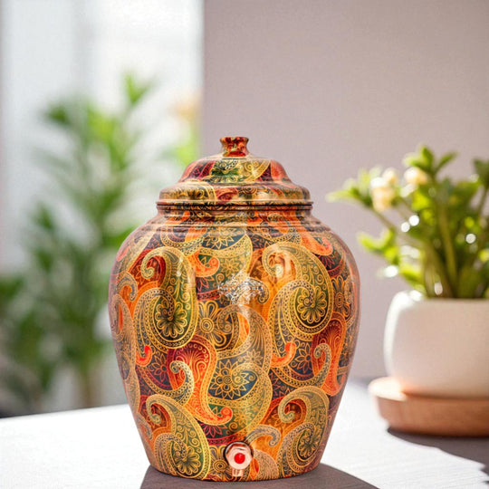 Side angle of 5L round copper pot with tap showing full spherical body and spigot – copper matka with tap