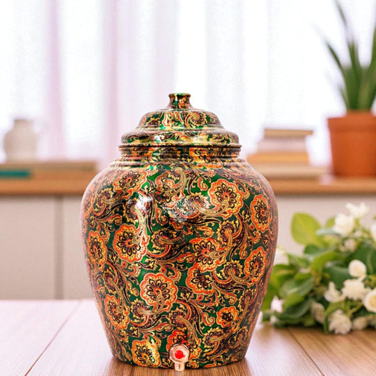 Angled view of 5L round copper pot with tap showing full body and brass tap fitting – copper matka with tap