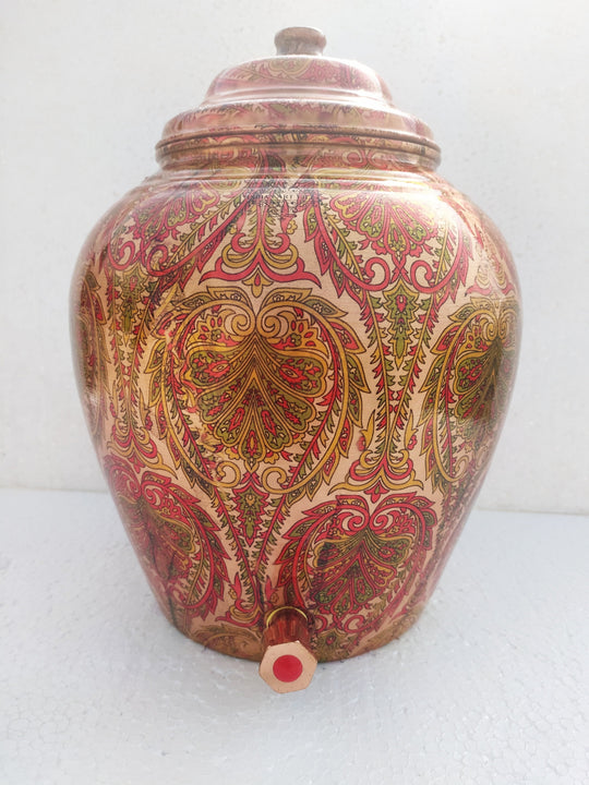 Pure Copper Printed Leaf Design Water Dispenser | Pot | Matka | Storage Pot, Home Kitchen Garden
