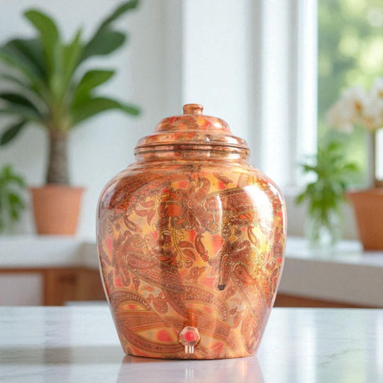 Printed Paisely Design Copper Water Dispenser Pot Matka, Storage, Home Kitchen Garden