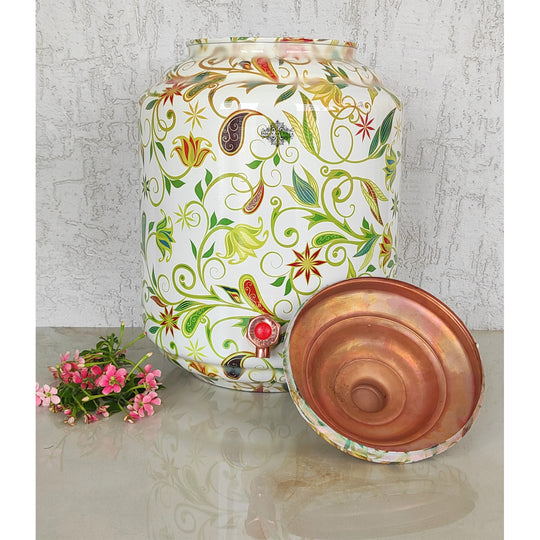 5 litre plain copper matka on iron stand – large tamba matka with stand for kitchen or dining – copper water pot with stand