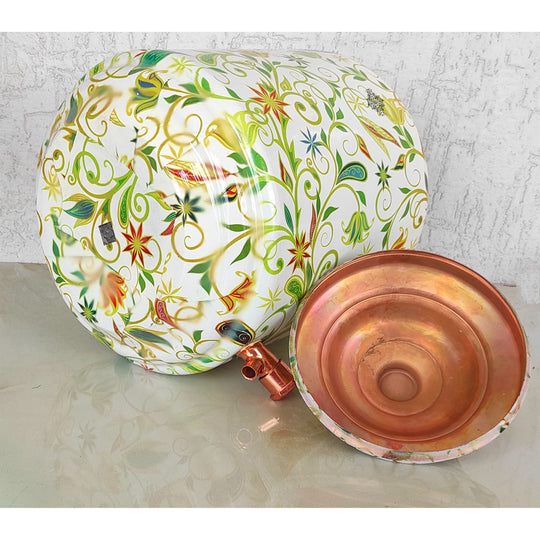 Angle view of 5 ltr copper pot on stand showing full assembled set with four-leg base