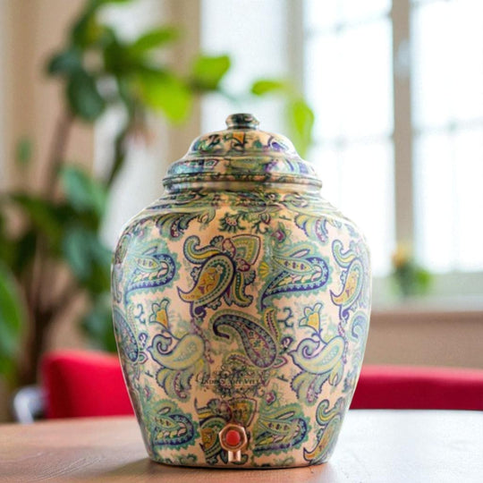 Copper Water Pot/Dispenser/ Matka in Green Paisley Printed Design with Brass Tap,13 Ltr