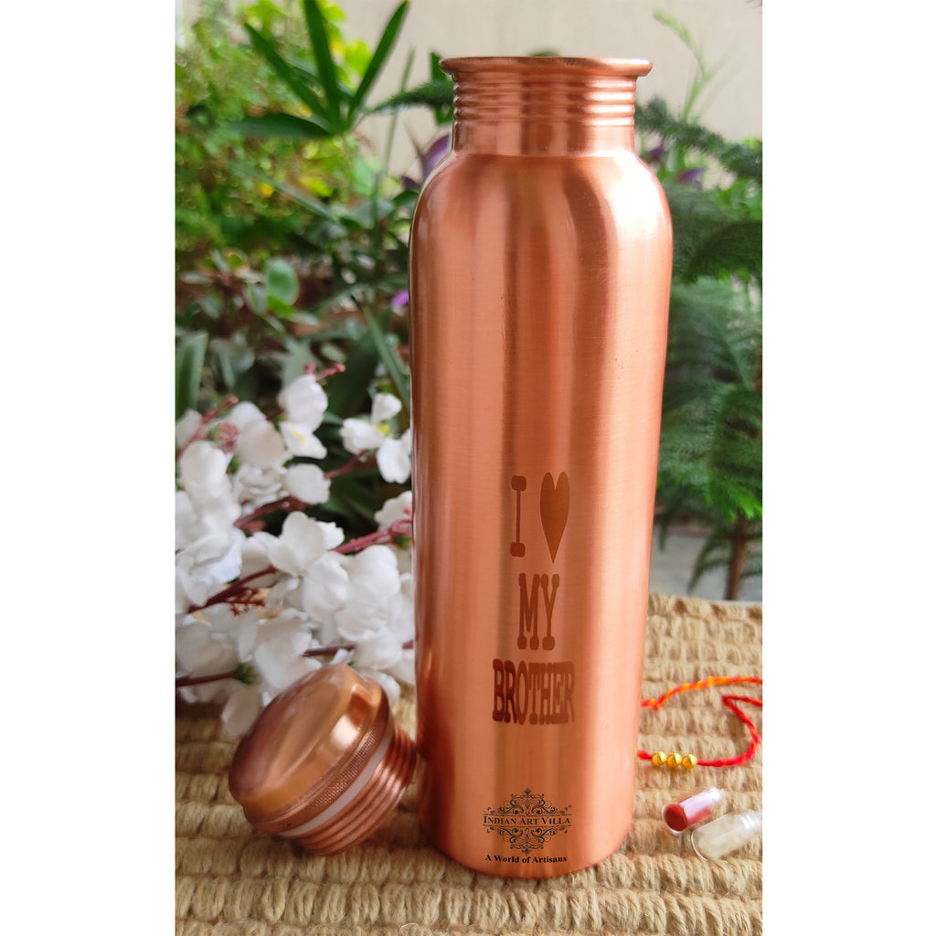Indian Art Villa Pure Copper Bottle, Engraved Lacquer Coated, I Love My Brother, Rakhi Gift, 1000 ML