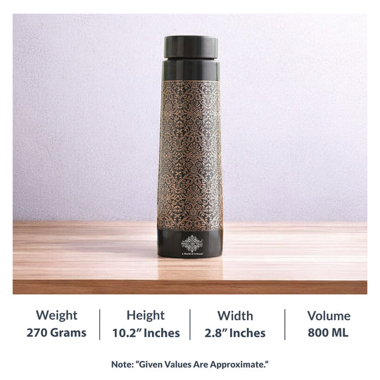 Decorative water bottle on a wooden surface with specifications displayed.