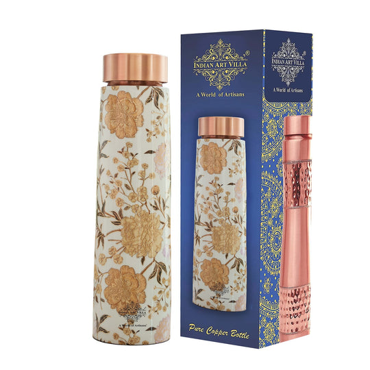 Designed for elegance, the 800ML pure copper GoldFlowerPrint bottle showcases Indian Art Villa’s craftsmanship