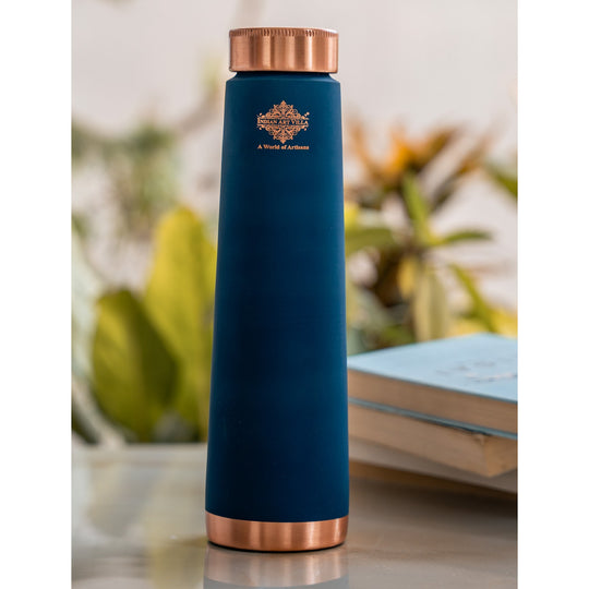 Pure Copper Water Bottle 800ML Peacock Blue Pyramid Shape Stylish Wellness Design Indian Art Villa