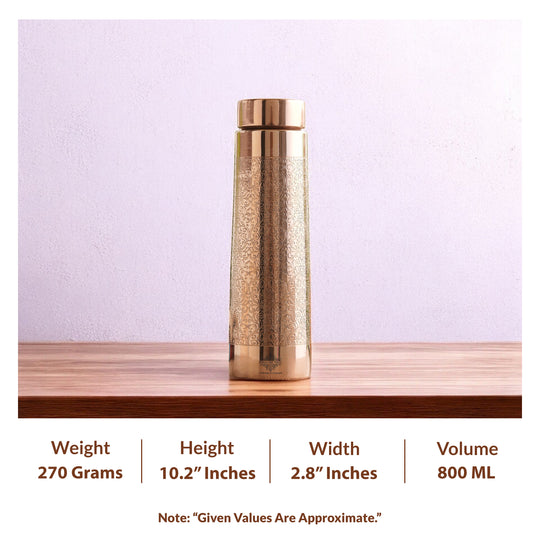 Gold-colored water bottle on a wooden surface with specifications displayed.