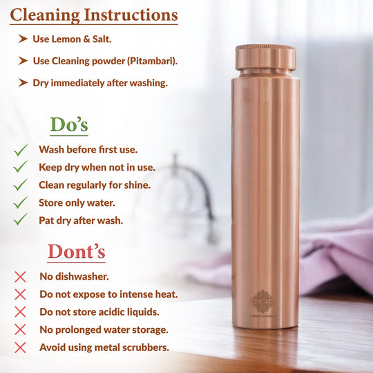 Pure Copper Bottle with Lacquer Coated Finish and Straight Shape