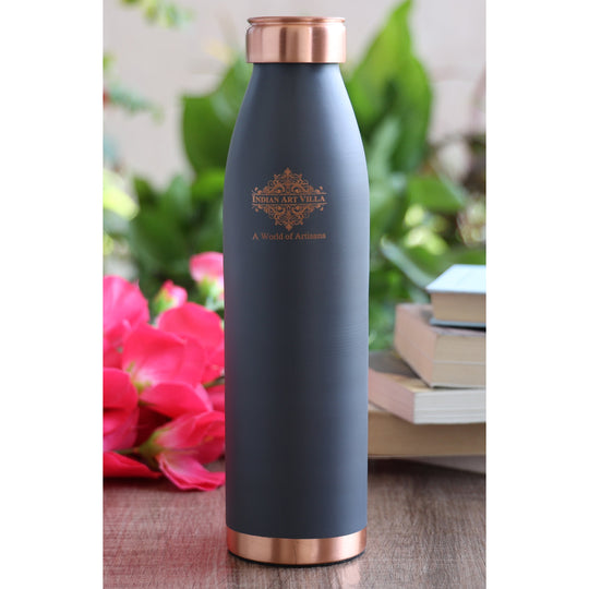 Stylish Gray Pure Copper Silk Finish Water Bottle 900ML Lacquer Coated Indian Art Villa