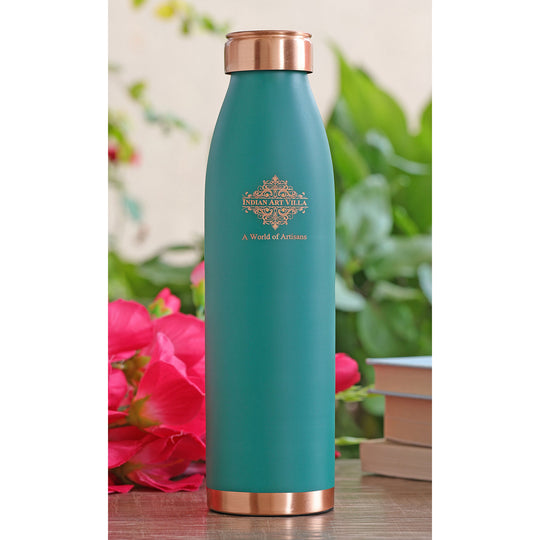 Green Lacquer Coated Pure Copper Bottle 900ML Silk Finish Leak-Proof By Indian Art Villa