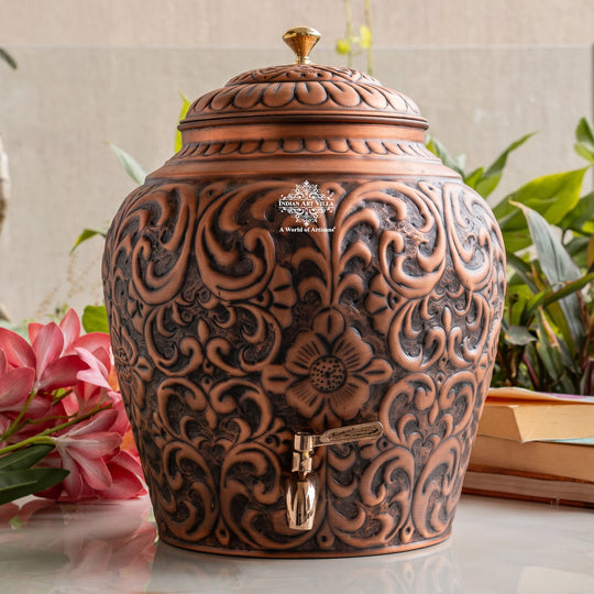 Round 5 litre copper matka with tap – body girth and tap position dimensions – copper matka with tap
