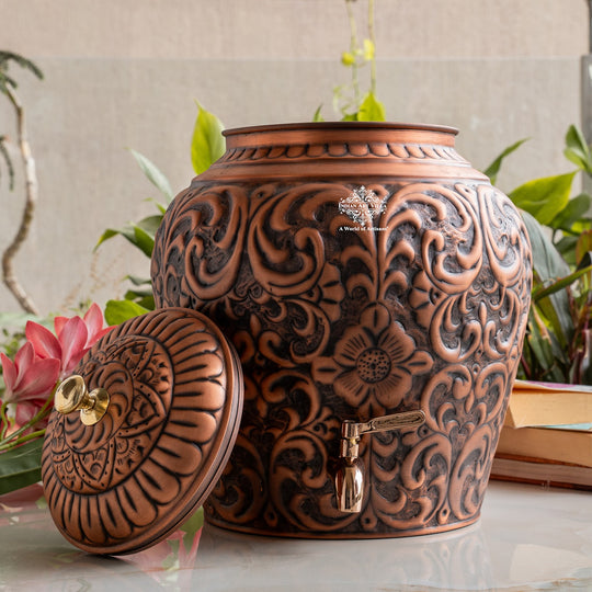 Round copper matka with tap – large spherical tamba matka with tap for family water – copper water dispenser