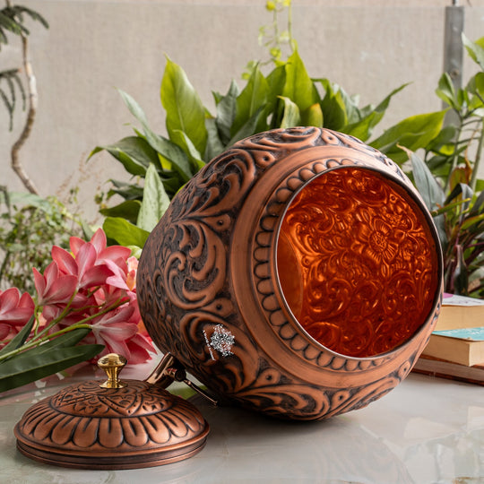 Angled view of 5L round copper pot with tap showing full body and brass tap fitting – copper matka with tap