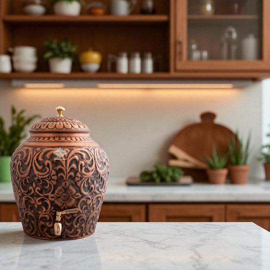 Pure Copper Water Pot, Embossed Design, Dispenser Pot Matka, Storage water, Gold