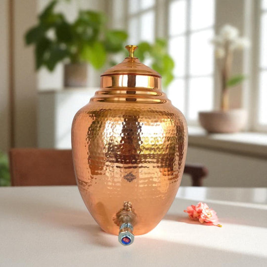 Blue 5 litre copper matka with tap in retail packaging – 5 litre copper water dispenser