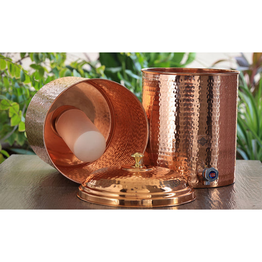 5 litre plain copper matka with tall iron stand – large tamba matka with stand for family use – copper matka 5 litre price