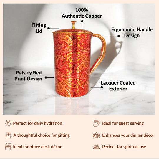 Pure Copper Paisley Printed Design Jug With Brass Knob on Lid