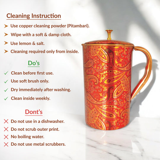 Pure Copper Paisley Printed Design Jug With Brass Knob on Lid