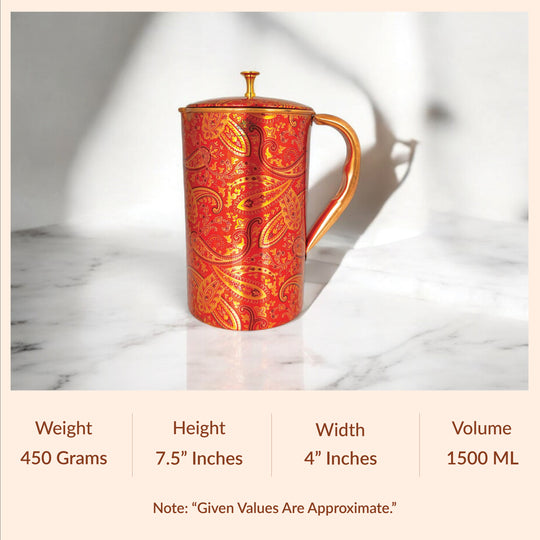 Pure Copper Paisley Printed Design Jug With Brass Knob on Lid