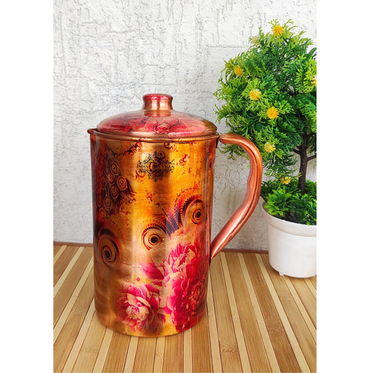 Decorative pure copper jug by Indian Art Villa with peacock feather and floral artwork traditional healthware