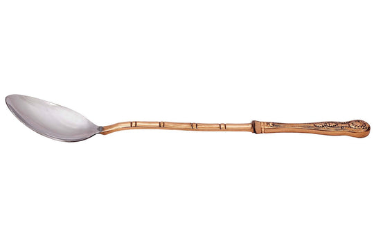 Smooth steel oval-shaped ladle spoon with a finely crafted copper bamboo handle for elegant serving