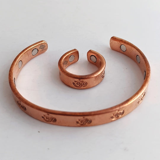 Pure Copper Om Design Bangle with Magnet & Matching Ring