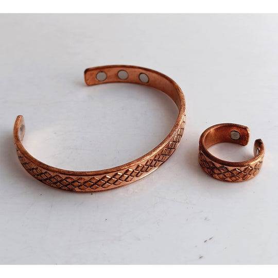Pure Copper Diamond Design Bangle with Magnet & Matching Ring