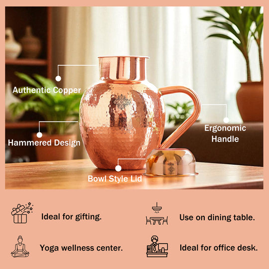 Pure Copper Hammered Surai Jug with Bowl Style Lid