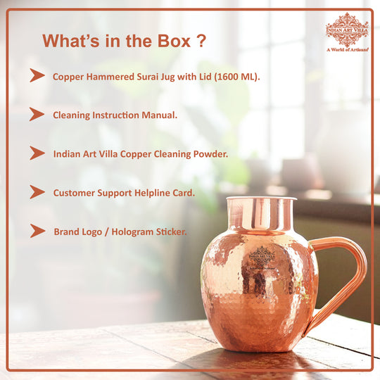 Pure Copper Hammered Surai Jug with Bowl Style Lid