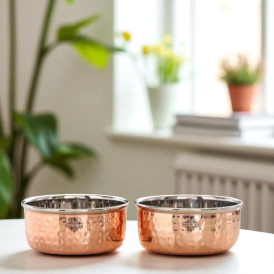 Steel copper hammered bowl katori dinnerware full view — Indian Art Villa