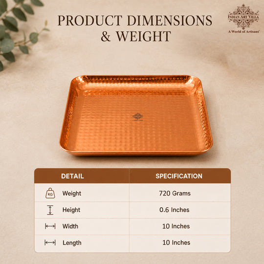 Pure copper square tray hammered studio view — Indian Art Villa