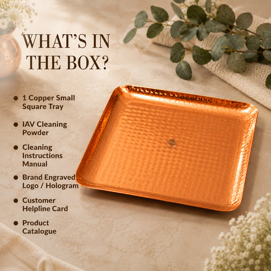Handmade pure copper square tray hammered full view — Indian Art Villa