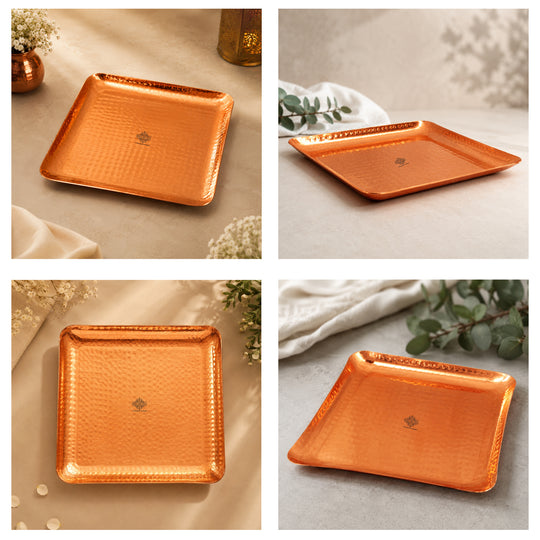 Pure copper square tray hammered white background — Indian Art Villa