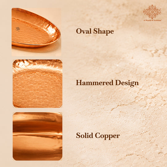 Pure copper oval tray hammered top view — Indian Art Villa